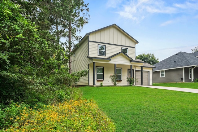 4006 Frontier Rd, Willis, TX 77378 - view of front of home featuring board and batten siding, concrete driveway, an attached garage, a front lawn, and covered porch