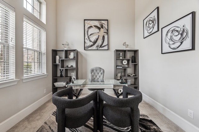 28243 Shorecrest Ln, Katy, TX 77494 - office area featuring carpet, healthy amount of natural light, a towering ceiling, and baseboards