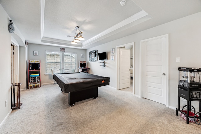 28243 Shorecrest Ln, Katy, TX 77494 - game room featuring a tray ceiling, carpet flooring, billiards, and baseboards