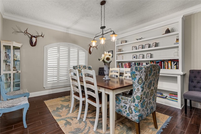 2205 Erin Glen Ct, Deer Park, TX 77536 - dining room with a textured ceiling, wood finished floors, ornamental molding, and baseboards