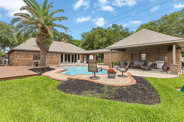 2205 Erin Glen Ct, Deer Park, TX 77536 - outdoor pool featuring a patio, a yard, and cooling unit