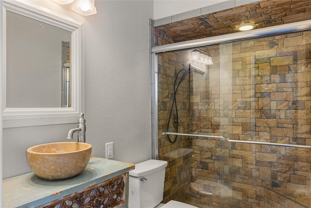 2205 Erin Glen Ct, Deer Park, TX 77536 - bathroom featuring toilet, a stall shower, and vanity