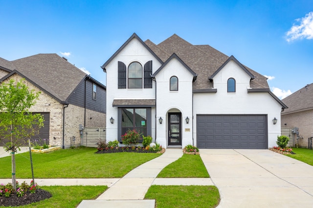 5115 Prairie Gourd Mdw, Manvel, TX 77578 - french country home with a shingled roof, a front yard, concrete driveway, an attached garage, and brick siding
