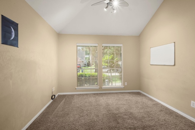 11722 Gray Forest Trl, Tomball, TX 77377 - carpeted spare room featuring vaulted ceiling, a ceiling fan, and baseboards