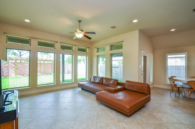 13806 Crystal Harbor Ln, Pearland, TX 77584 - living room featuring ceiling fan, light tile patterned floors, recessed lighting, and baseboards