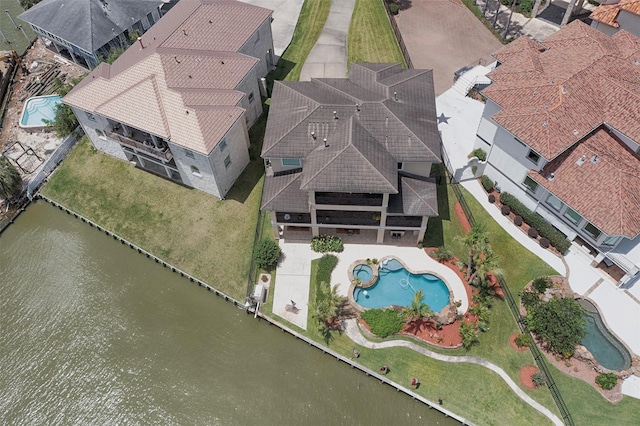 2242 Marina Way, League City, TX 77565 - aerial view of residential area featuring a pool and a nearby body of water