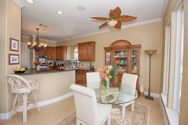 2242 Marina Way, League City, TX 77565 - dining room featuring a chandelier, light tile patterned flooring, ceiling fan, crown molding, and recessed lighting