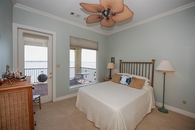 2242 Marina Way, League City, TX 77565 - bedroom with access to exterior, carpet floors, crown molding, baseboards, and a ceiling fan