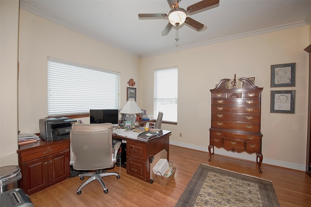 2242 Marina Way, League City, TX 77565 - home office with a ceiling fan, ornamental molding, light wood finished floors, and baseboards
