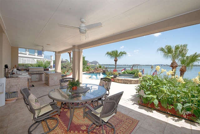 2242 Marina Way, League City, TX 77565 - view of patio featuring an in-ground hot tub, a ceiling fan, an outdoor pool, a water view, and outdoor dining area