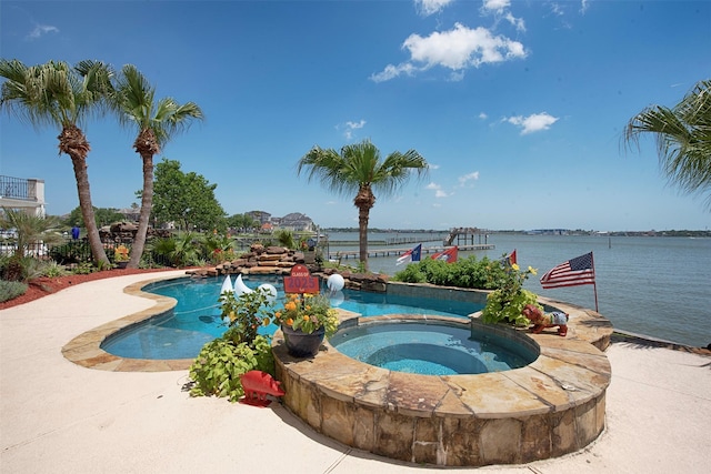 2242 Marina Way, League City, TX 77565 - view of pool with a pool with connected hot tub and a water view