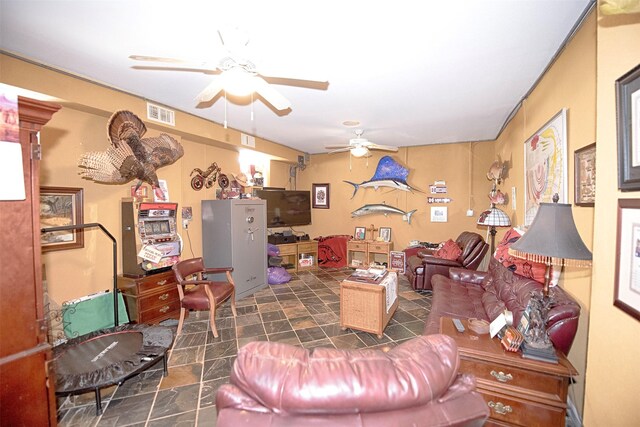 2242 Marina Way, League City, TX 77565 - living room with stone finish flooring and a ceiling fan