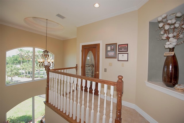 2242 Marina Way, League City, TX 77565 - stairs with a chandelier, tile patterned flooring, crown molding, recessed lighting, and baseboards
