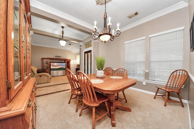 18110 Dovefield Ln, Cypress, TX 77433 - dining room with french doors, ornamental molding, a chandelier, baseboards, and light colored carpet