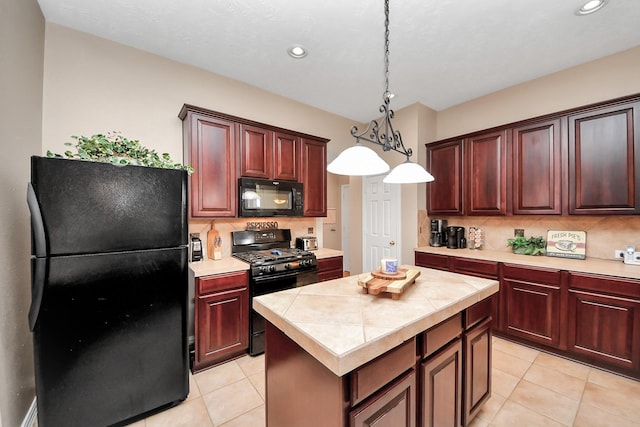 18110 Dovefield Ln, Cypress, TX 77433 - kitchen featuring black appliances, light tile patterned floors, tasteful backsplash, hanging light fixtures, and recessed lighting