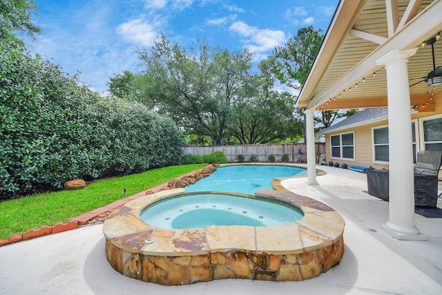 18110 Dovefield Ln, Cypress, TX 77433 - view of pool with an in-ground hot tub, a fenced backyard, and a patio area