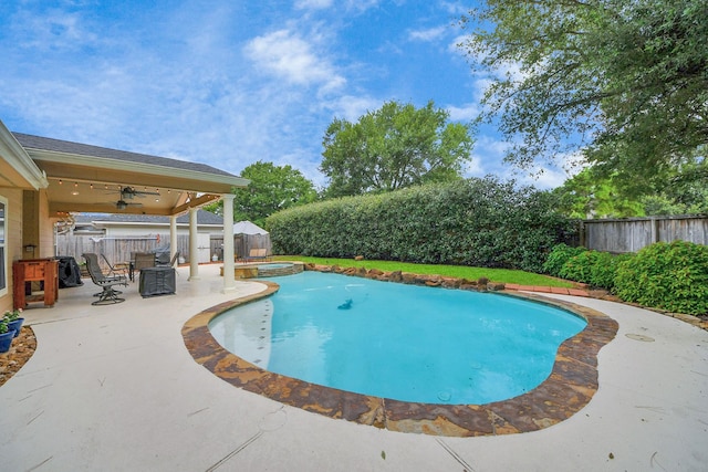 18110 Dovefield Ln, Cypress, TX 77433 - view of pool featuring a fenced backyard, a ceiling fan, a patio, and a pool with connected hot tub