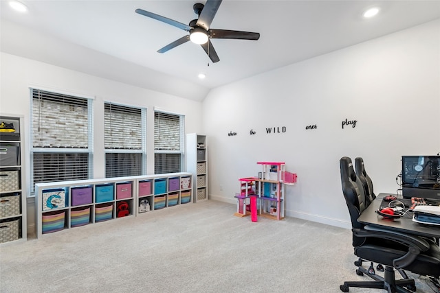 11914 Parsifal Creek Rd, Humble, TX 77346 - carpeted office space with a ceiling fan, baseboards, recessed lighting, and lofted ceiling