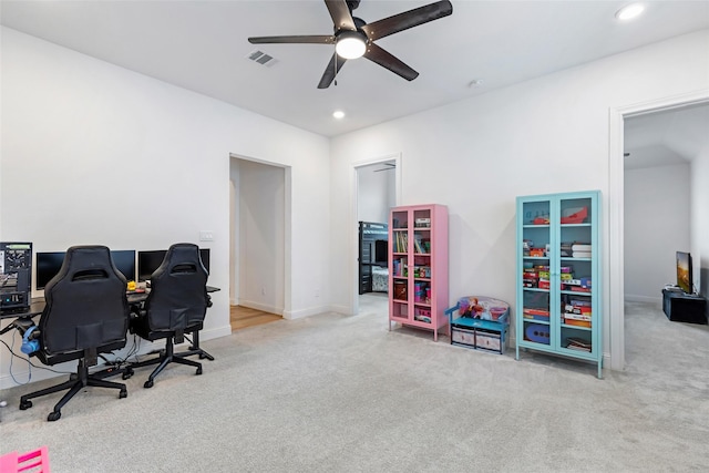 11914 Parsifal Creek Rd, Humble, TX 77346 - carpeted home office featuring ceiling fan, recessed lighting, and baseboards