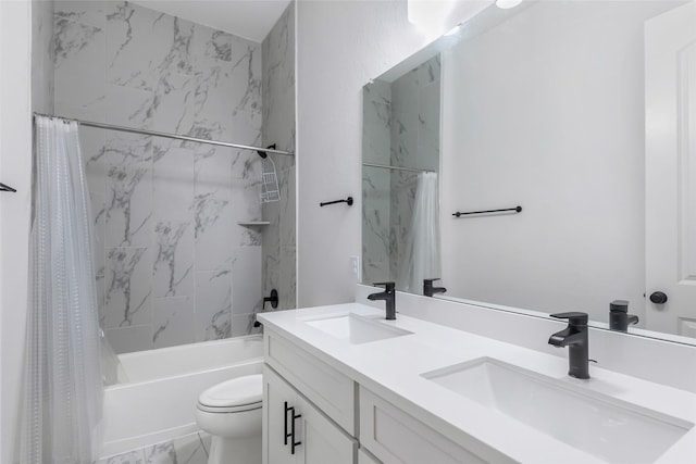 11914 Parsifal Creek Rd, Humble, TX 77346 - bathroom with double vanity, shower / bathtub combination with curtain, and toilet