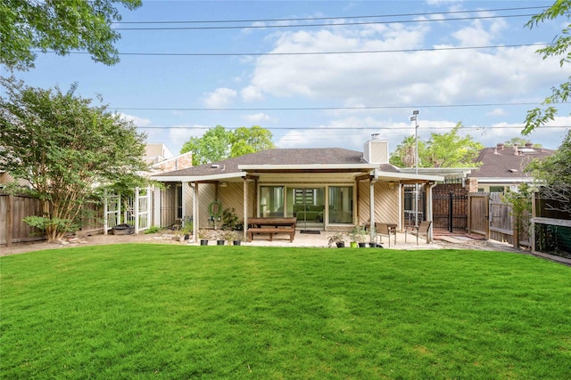 14214 Briarhills Pkwy, Houston, TX 77077 - back of house with a fenced backyard, a chimney, a patio area, and roof with shingles