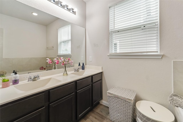 23659 Goodfellow Dr, Spring, TX 77373 - bathroom featuring plenty of natural light, wood finished floors, and double vanity