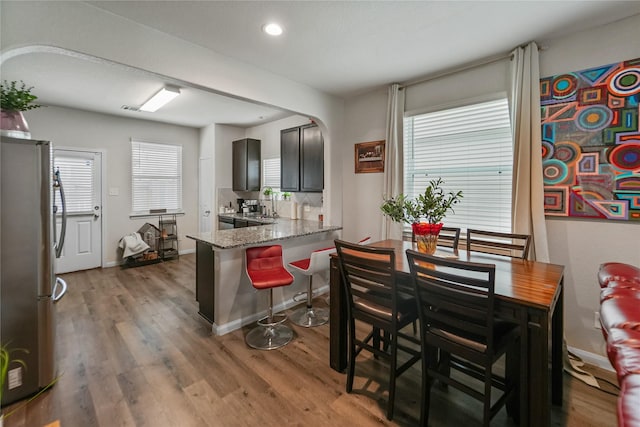 23659 Goodfellow Dr, Spring, TX 77373 - kitchen featuring freestanding refrigerator, wood finished floors, plenty of natural light, light stone countertops, and recessed lighting
