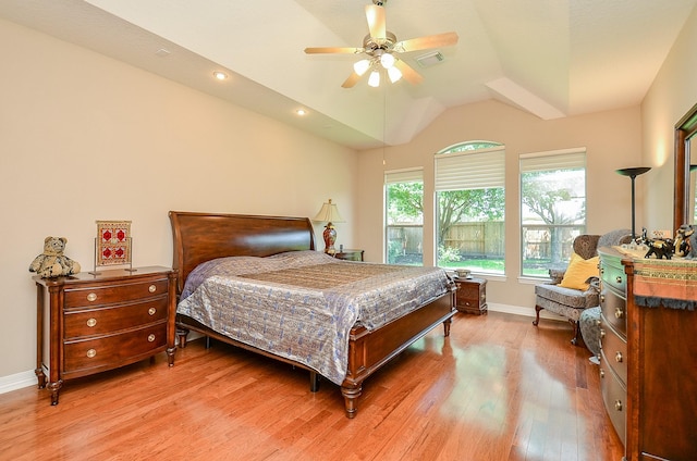 5703 Bent Arbor Ln, Katy, TX 77450 - bedroom with light wood finished floors, baseboards, lofted ceiling, ceiling fan, and recessed lighting