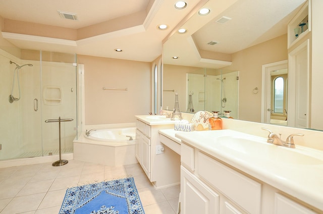 5703 Bent Arbor Ln, Katy, TX 77450 - bathroom with recessed lighting, a shower stall, two vanities, a garden tub, and tile patterned flooring