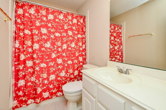 5703 Bent Arbor Ln, Katy, TX 77450 - bathroom featuring toilet, vanity, tile patterned floors, and a shower with shower curtain
