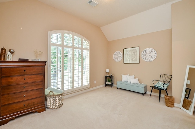 5703 Bent Arbor Ln, Katy, TX 77450 - sitting room featuring vaulted ceiling, carpet flooring, and baseboards