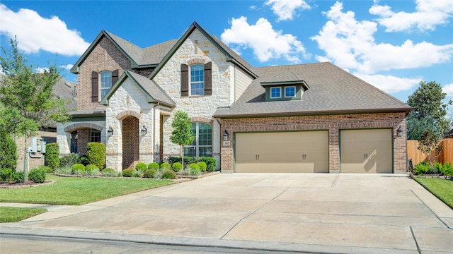 1417 Summer Field Ln, Friendswood, TX 77546 - french country inspired facade featuring stone siding, driveway, a garage, roof with shingles, and brick siding