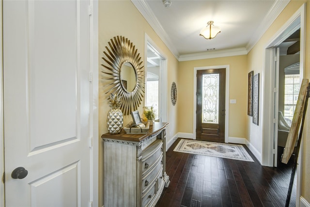 1417 Summer Field Ln, Friendswood, TX 77546 - foyer entrance with baseboards, dark wood-type flooring, plenty of natural light, and crown molding