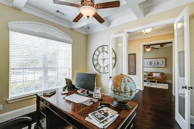 1417 Summer Field Ln, Friendswood, TX 77546 - home office featuring a ceiling fan, coffered ceiling, dark wood-style floors, beamed ceiling, and crown molding