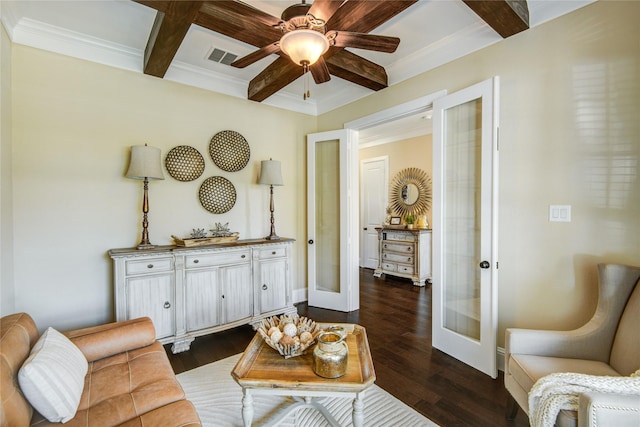 1417 Summer Field Ln, Friendswood, TX 77546 - living area featuring french doors, coffered ceiling, ceiling fan, beamed ceiling, and dark wood finished floors