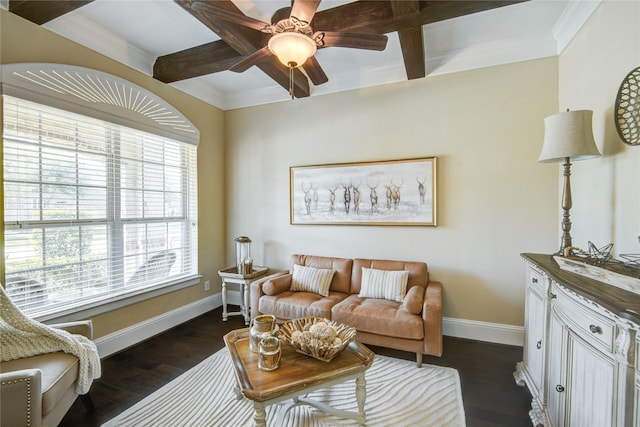 1417 Summer Field Ln, Friendswood, TX 77546 - living room featuring ceiling fan, baseboards, coffered ceiling, dark wood finished floors, and beam ceiling