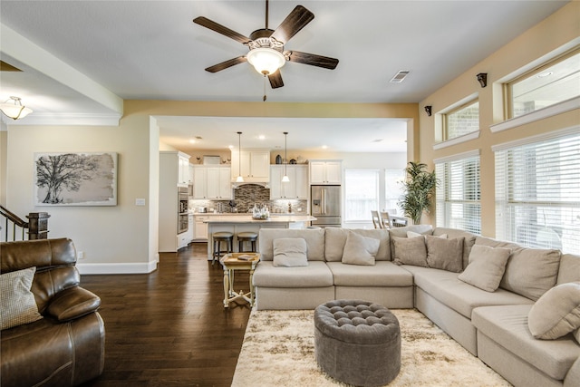 1417 Summer Field Ln, Friendswood, TX 77546 - living room with dark wood-style floors, ceiling fan, and baseboards