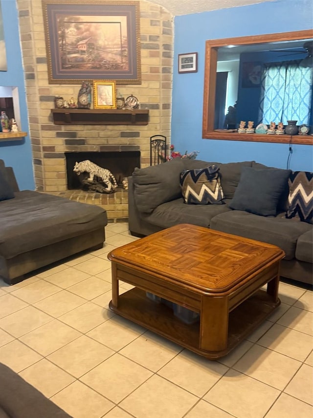 11110 Broken Sky Dr, Houston, TX 77064 - living area featuring light tile patterned floors and a brick fireplace