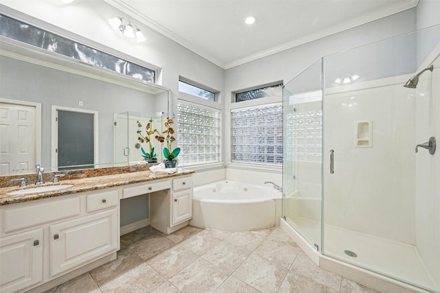 2003 Birnam Wood Dr, Sugar Land, TX 77479 - full bath with a bath, ornamental molding, a stall shower, and vanity
