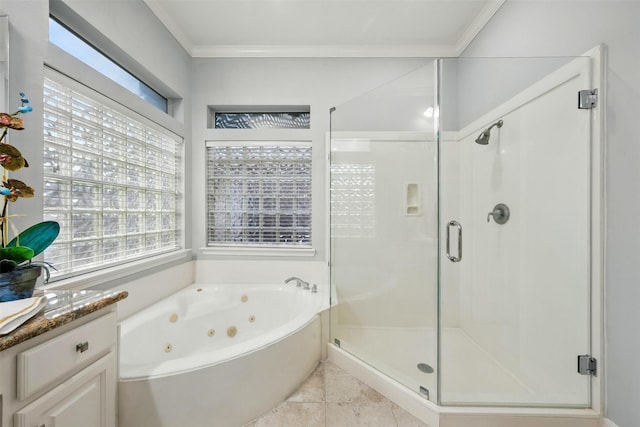 2003 Birnam Wood Dr, Sugar Land, TX 77479 - full bathroom with a jetted tub, a stall shower, crown molding, and vanity