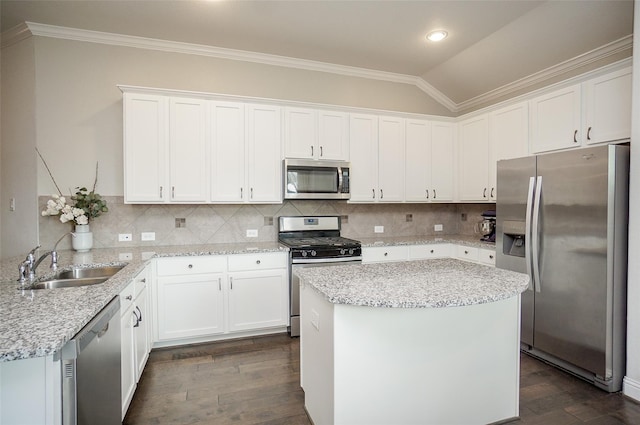 18711 Big Elm Dr, Cypress, TX 77433 - kitchen with stainless steel appliances, crown molding, dark wood-style flooring, a sink, and white cabinets
