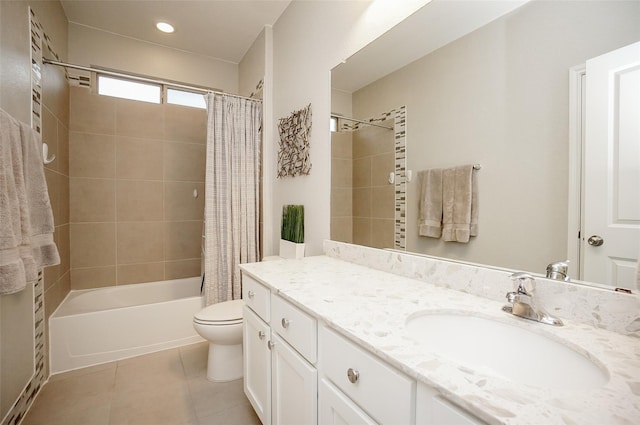 18711 Big Elm Dr, Cypress, TX 77433 - full bath featuring tile patterned floors, vanity, toilet, shower / bathtub combination with curtain, and recessed lighting
