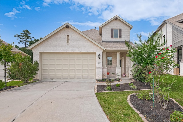 254 Aster View Ct, Montgomery, TX 77316 - view of front facade with brick siding, concrete driveway, a shingled roof, and a garage