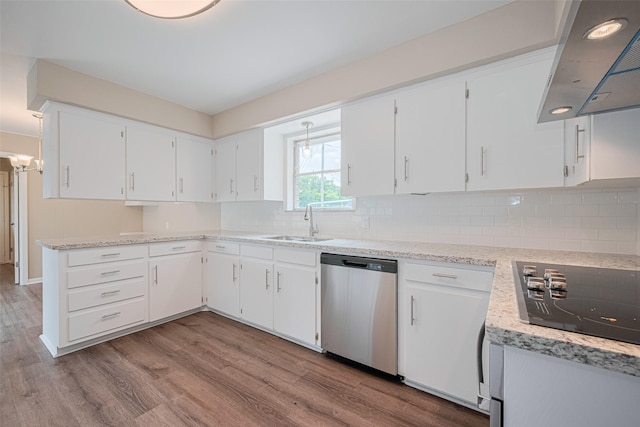 1316 Courtney St, Richmond, TX 77469 - kitchen featuring dishwasher, wall chimney range hood, a sink, black electric cooktop, and wood finished floors