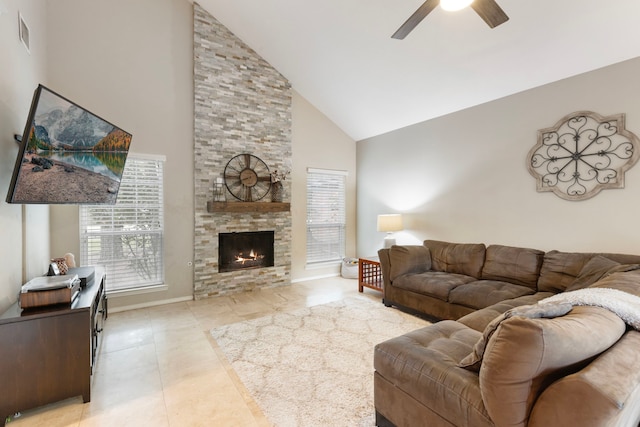 4 Hickory Oak Dr, Spring, TX 77381 - living room with high vaulted ceiling, a ceiling fan, plenty of natural light, a stone fireplace, and baseboards