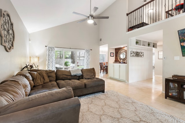 4 Hickory Oak Dr, Spring, TX 77381 - living room with high vaulted ceiling, ceiling fan, and light tile patterned floors