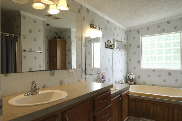 10912 Fm 523rd Rd, Angleton, TX 77515 - bathroom featuring ornamental molding, a textured ceiling, wallpapered walls, a bath, and vanity