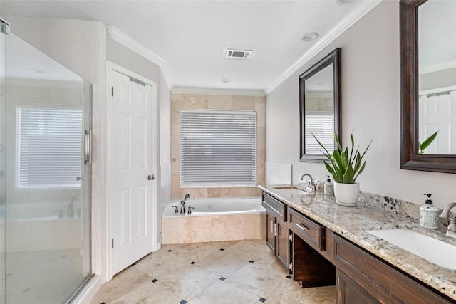 3911 Misty Gardens Ct, Kingwood, TX 77339 - full bath featuring double vanity, a garden tub, ornamental molding, and a shower stall
