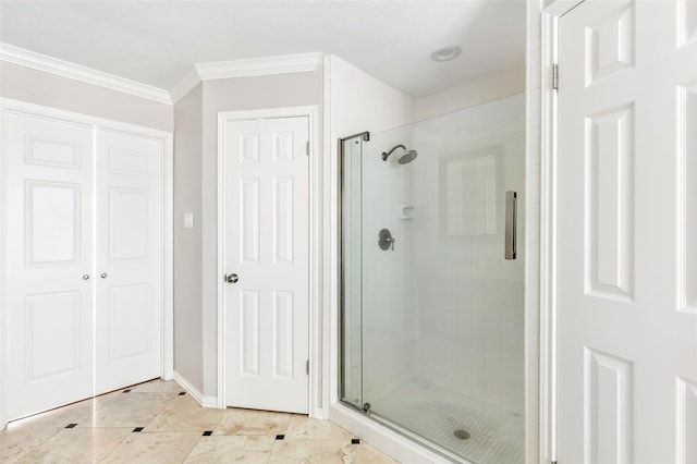 3911 Misty Gardens Ct, Kingwood, TX 77339 - full bath with a shower stall, baseboards, and ornamental molding