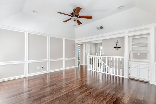 3911 Misty Gardens Ct, Kingwood, TX 77339 - unfurnished room featuring vaulted ceiling, ceiling fan, wood finished floors, and recessed lighting